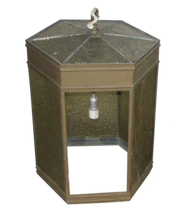 Hexagonal pendant lantern with several glass panels missing and a visible bulb socket.