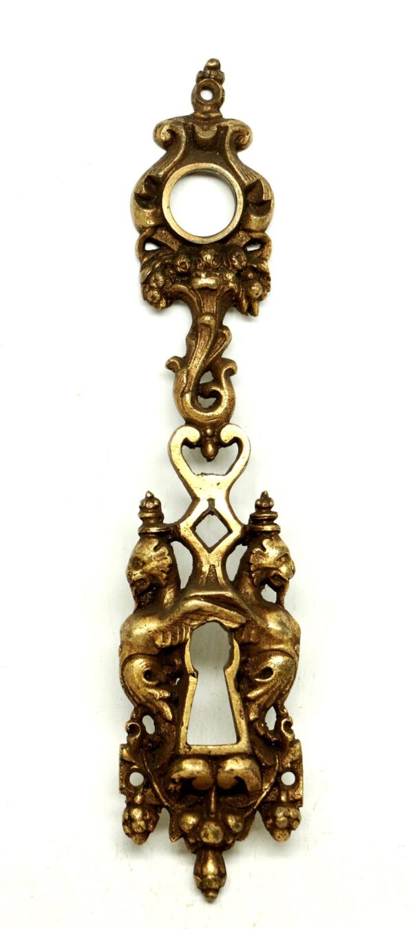 Ornate antique bronze door plate with a keyhole opening and decorative scroll and floral details.