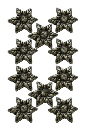 Set of 10 floral drawer knobs with a black finish, shown in a top view.