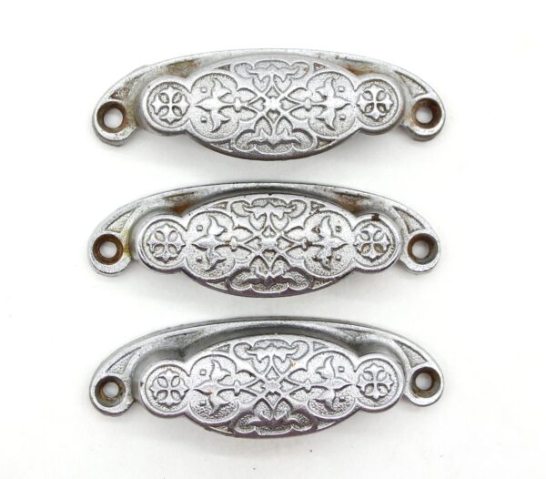 Cabinet & Furniture Pulls - Set of 4 in. Antique Victorian Nickeled Cast Iron Bin Drawer Pulls