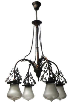 Victorian four-arm chandelier with four down lights and frosted glass shades, shown hanging from a central stem with ornate metal scrollwork.
