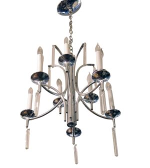 Mid-century chrome 10-arm chandelier with crystal drops and candle-style bulbs, shown hanging from a chain.