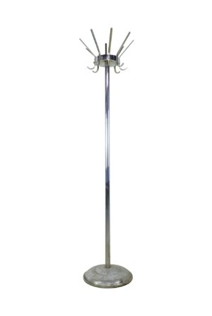 Vintage stainless steel coat rack with a round base, central pole, and eight double hooks at the top.
