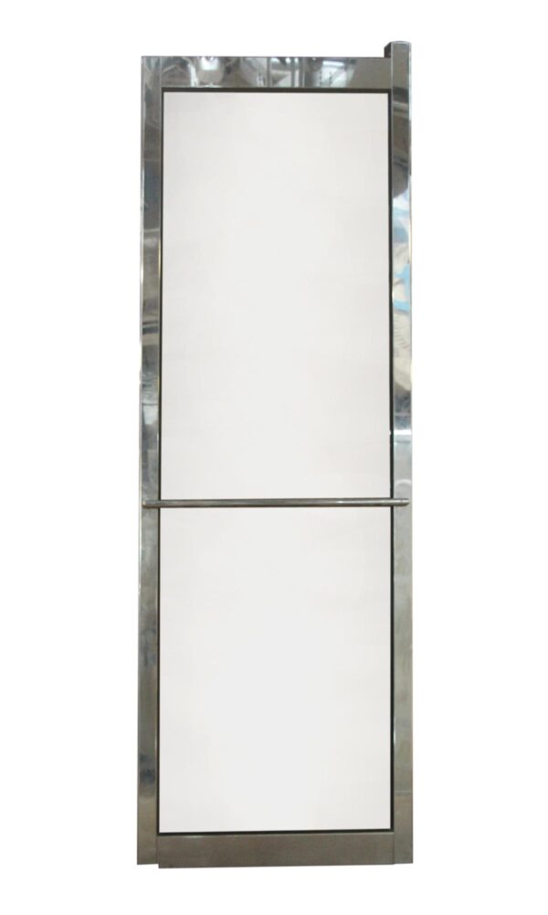 Commercial revolving door with chrome finish, showing a clear glass panel and one horizontal bar across the center, framed in metal.