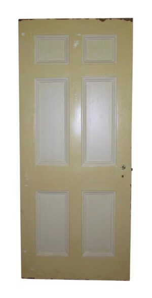 Six-panel metal door with a yellow face and white recessed panels, shown upright and filling the frame.