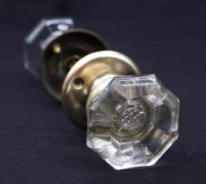 Door Knob Sets - Vintage Octagon Glass Passage Door Knob Set with Brass Rosettes