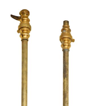 Pair of brass cremone bolt rods shown side by side, with one featuring a curved lever handle and the other a simple top fitting.