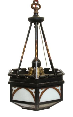 Gothic pendant light with a black and copper finish, showing the hexagonal frame, glass panels, and upper hanging chain.