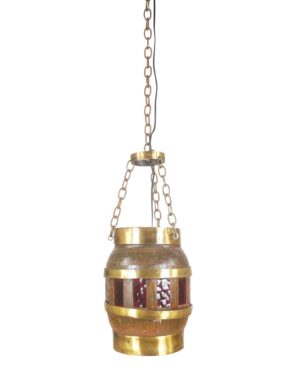 Barrel-shaped pendant light with dark wood, red glass panels, and polished brass hardware hanging from a chain.