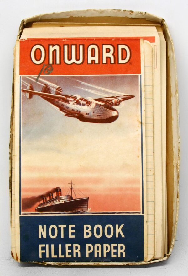 Vintage Onward notebook filler paper package with worn edges and a cover showing an airplane and ship illustration.