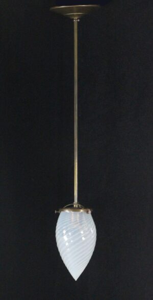 Pendant light with a long brass stem and a cone-shaped glass shade with swirled details.