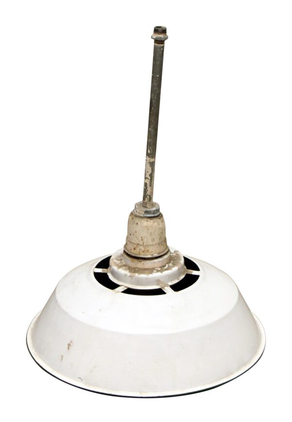 White metal pendant light with a long pole and dome shade, shown from below with a threaded top connector and visible wear.