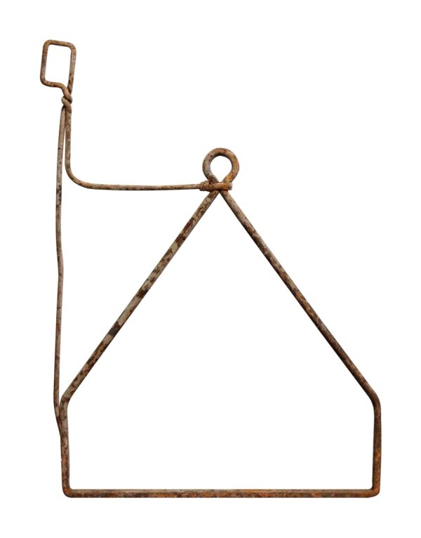 White metal safety stirrup support with a triangular frame, top eyelet, and hook-shaped end, shown as a single component without pulleys.