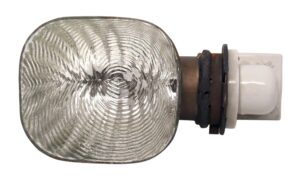 Industrial display light with a mercury glass lens and porcelain base, shown in a side view.