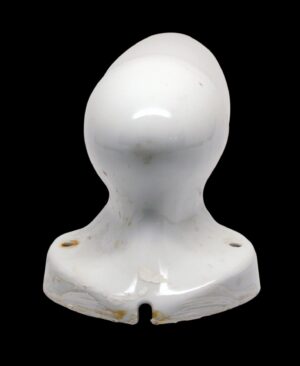 White porcelain wall sconce with a tall milk glass shade, shown from the front with two screw holes on the base and visible wear near the bottom edge.