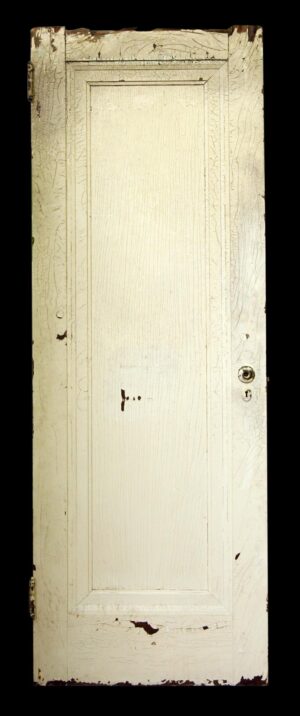 White one-panel wood door with a distressed painted finish, shown front view with hinges and a knob hole visible on the right edge.