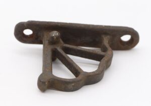Cast iron hinge part with a short base, two mounting holes, and a looped bracket, shown in close-up.