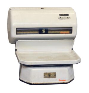 White metal sanitary scale with a front viewing window and platform, shown from the front.