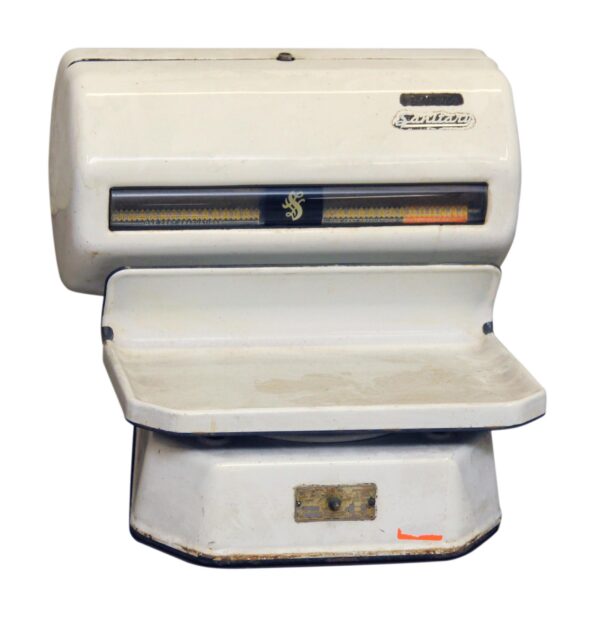 White metal sanitary scale with a front viewing window and platform, shown from the front.
