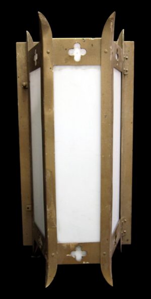 Antique Gothic wall sconce with a gold painted metal frame and white glass panels, shown in a front view.
