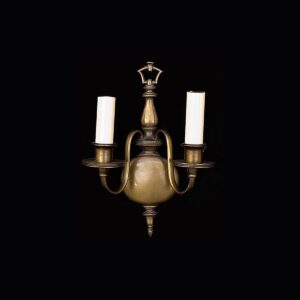 Pair of two-arm wall sconces with candle-style holders and an ornate center backplate.