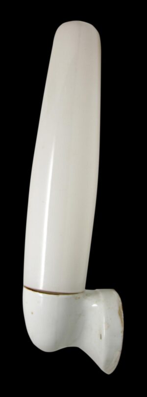Tall milk glass wall sconce with a white porcelain base shown in side view.