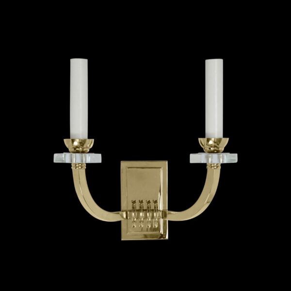 Two-arm brass wall sconce with a rectangular back plate and clear lucite bobeches, shown front view.