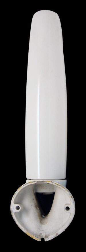 Tall wall sconce with a tubular glass shade and a round porcelain base, shown front view on a plain background.
