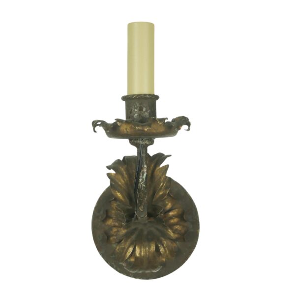 Vintage French brass wall sconce with an acanthus leaf motif and a single candle-style holder.