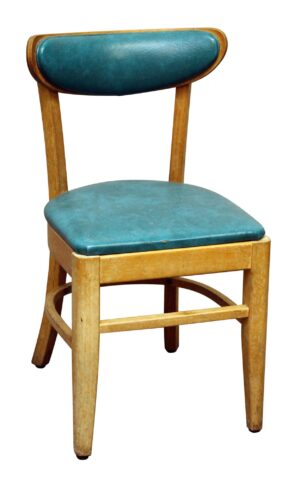 Light wood frame chair with teal upholstered seat and backrest, shown in a front view with a curved back support and some visible wear on the seat edge.