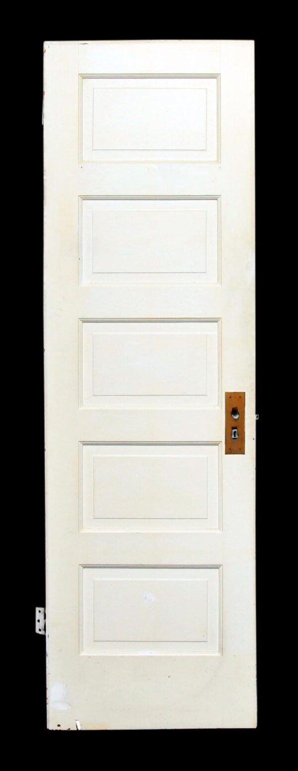 White wooden five-panel door shown front on with the knob backplate visible on the right edge and a hinge attached on the left.