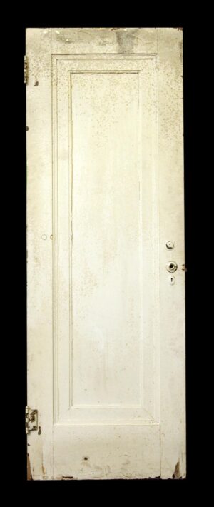 Painted white one-panel wood door shown front on with hinge and lock hardware visible.