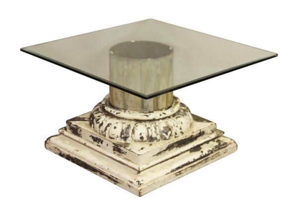 Square glass tabletop supported by a decorative white base with a central metal cylinder, shown without glass attached.