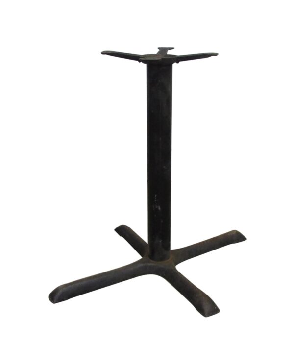 Black metal cafe table base with a pedestal column and four splayed legs.