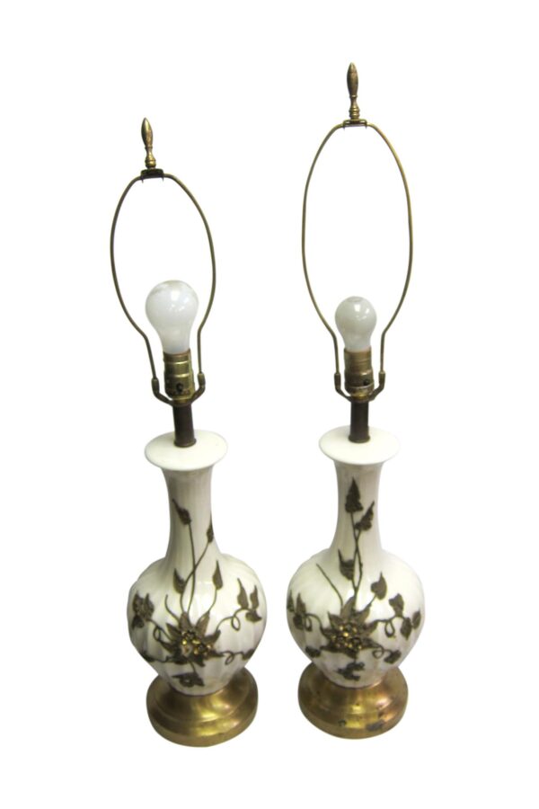 Table Lamps - Pair of Traditional Floral White Ceramic Table Lamps