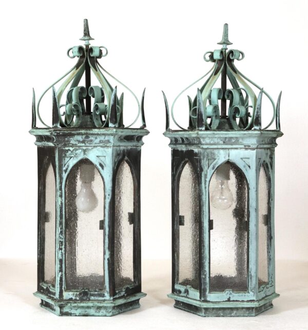 Wall & Ceiling Lanterns - Pair of 19th Century Gothic Bronze Verdigris Lantern Sconces