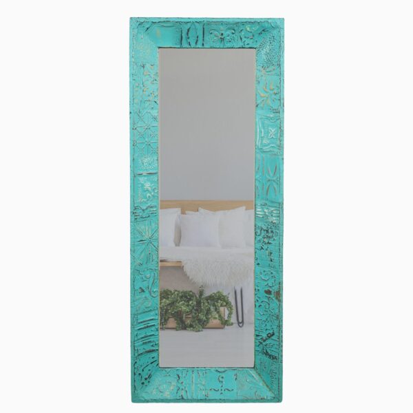 Tall rectangular wall mirror with a blue handcrafted tin frame and a narrow reflective center panel.
