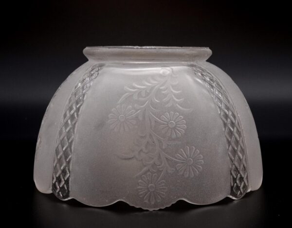 Frosted glass lamp shade with floral embossing and clear crosshatch side panels, shown in a front view.