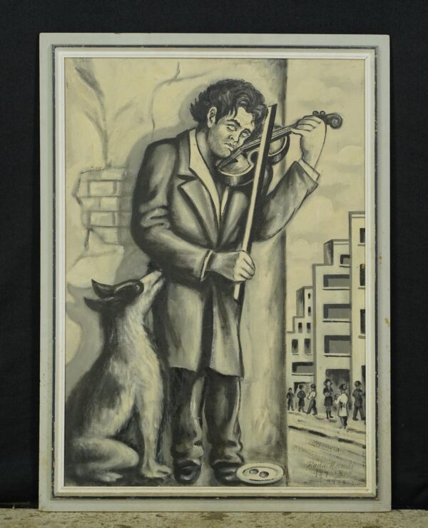 Paintings - Hand Painted Wood Frame Cityscape Violinist Canvas Painting