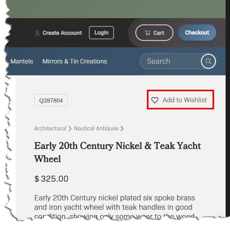 wishlist-1 Online store page displays an Early 20th Century Nickel & Teak Yacht Wheel with price and Wishlist button, suitable for guides or wishlist tips. All key elements are visible.