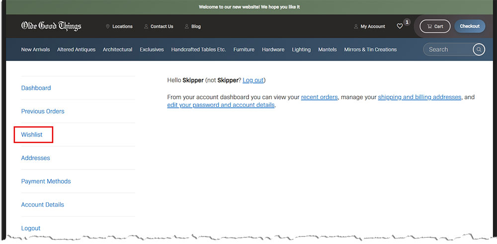 wishlist-account-dashboard A shopping site’s user account page shows Wishlist highlighted in the left menu, plus links for orders, shipping, account details, and helpful tips on using the Wishlist feature.
