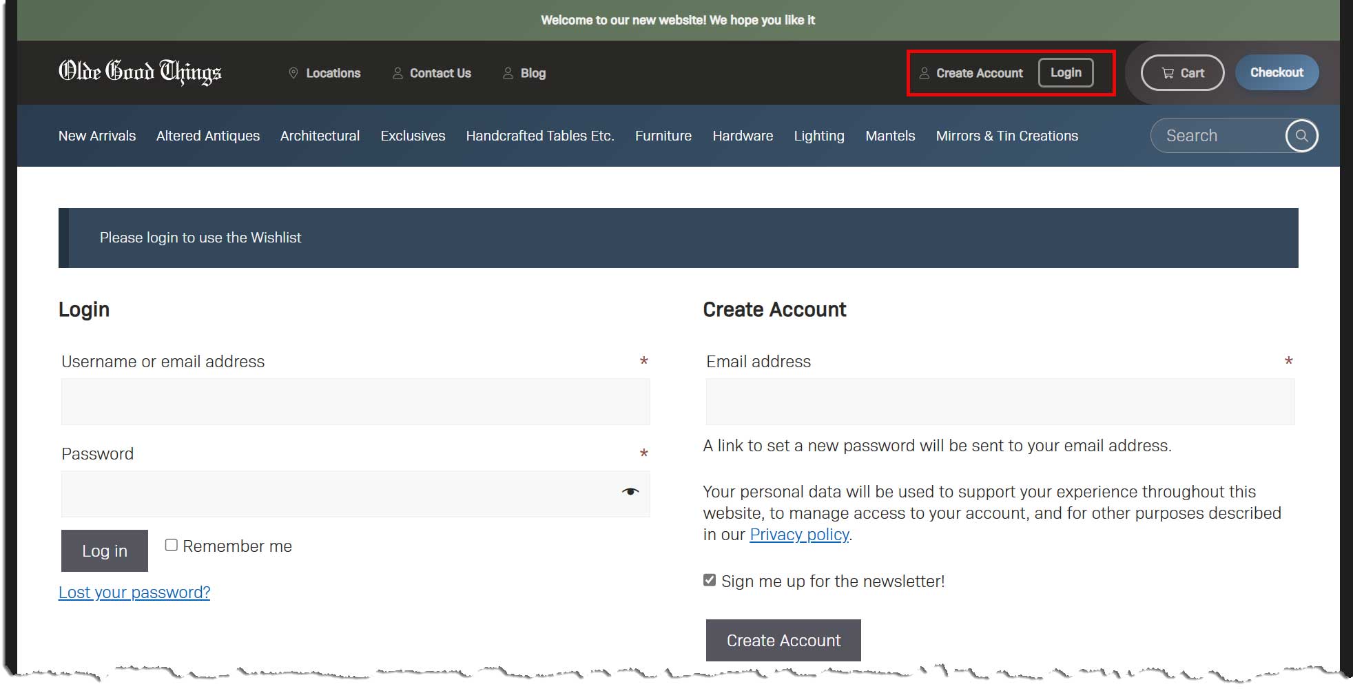 wishlist-account-login Login page with username, email, and password fields. Menu bar has Wishlist and wishlist guide link. Buttons for Create Account, Login, and Checkout are visible on the page.