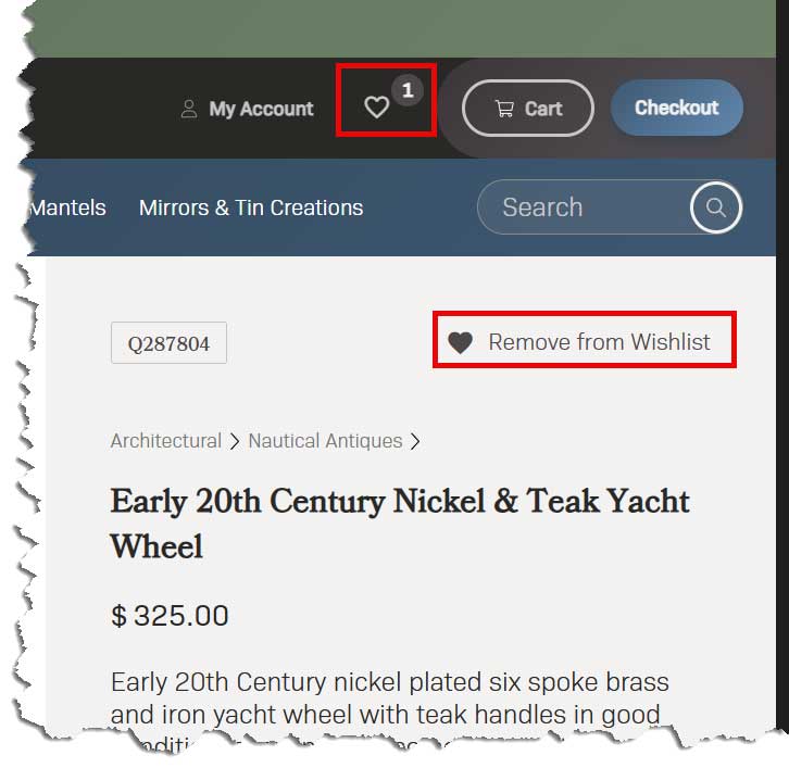 wishlist-heart Early 20th Century Yacht Wheel for $325 on website page, with heart icon to remove from wishlist; clear example of using wishlist features in an online store interface.