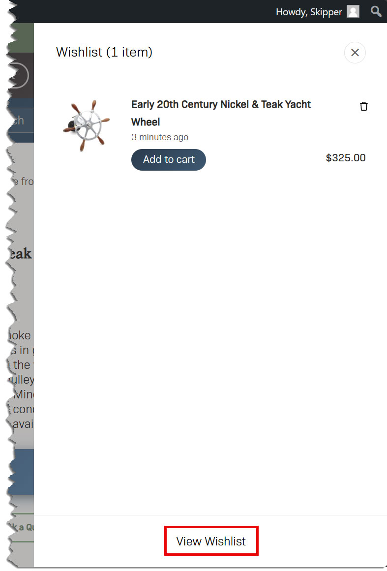 wishlist-sidebar A wishlist popup shows a yacht wheel priced at $325 with an Add to cart button. A highlighted View Wishlist button at the bottom helps users navigate wishlist features.