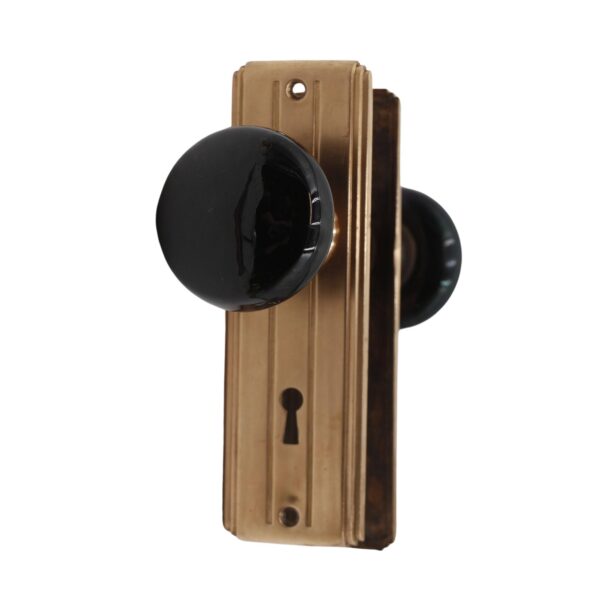 Door Knob Sets - Vintage Art Deco Brass Plates Black Ceramic Door Knob Set