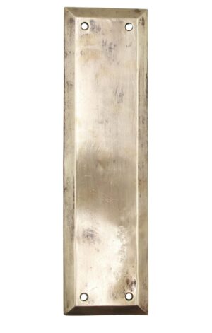 Vintage polished brass door push plate with a beveled edge and four mounting holes, shown vertically with visible surface wear.
