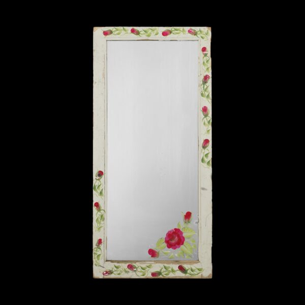 Rectangular mirror with a reclaimed window frame painted with red rose vines along the edges and corners, shown in full view.