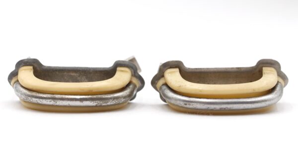Cabinet & Furniture Pulls - Pair of Mid Century Ivory Plastic Nickeled Brass Drawer Pulls