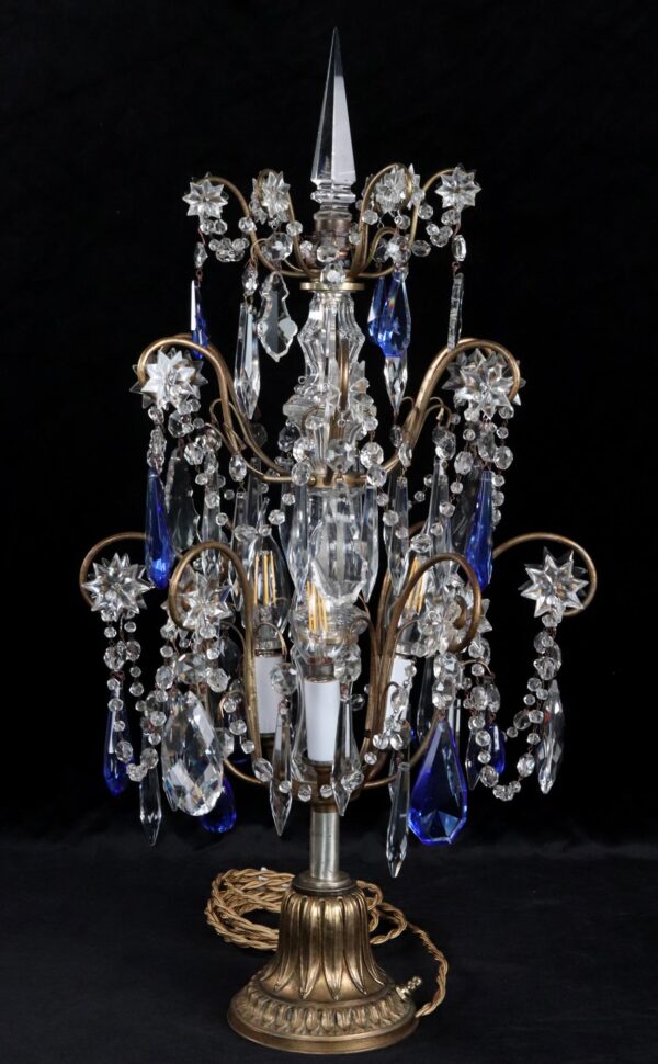 Candelabra Lamps - French Crystal & Blue Glass Candelabra Table Lamp