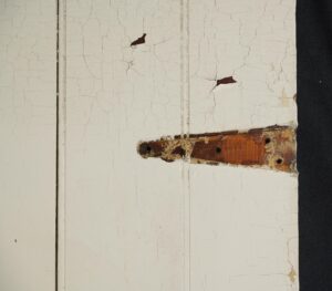 Close-up of a white painted wood door showing cracked paint, exposed wood at the hinge area, and surface wear from prior use.
